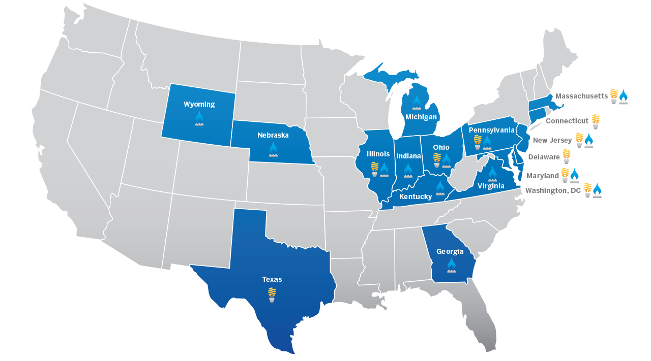 US map highlighting the states that Constellation serves natural gas